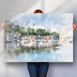 Isle of Mull Watercolor Art Print, Tobermory Harbour Wall Art, Scottish Coastal Landscape, Canvas or Print Option