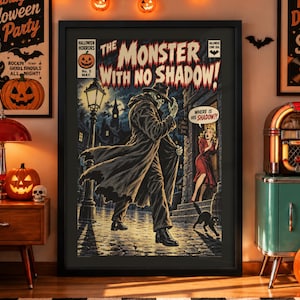 Retro Halloween horror comic cover showing a mysterious shadowless monster in a dark coat walking through a moonlit street as a frightened woman watches from a doorway.
