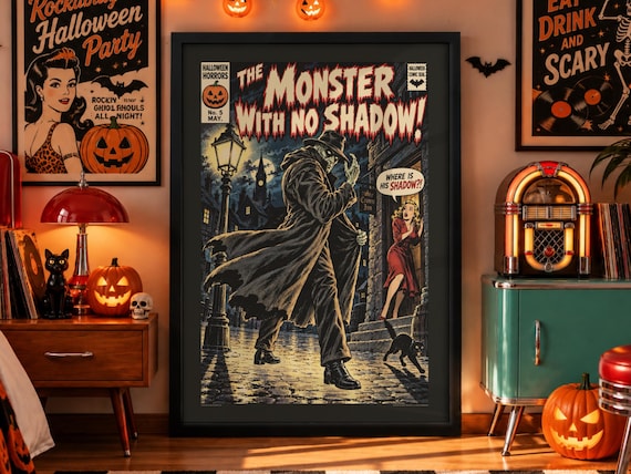 Halloween Comic Wall Art, The Monster With No Shadow, Gothic Horror Art, Spooky Halloween Decor