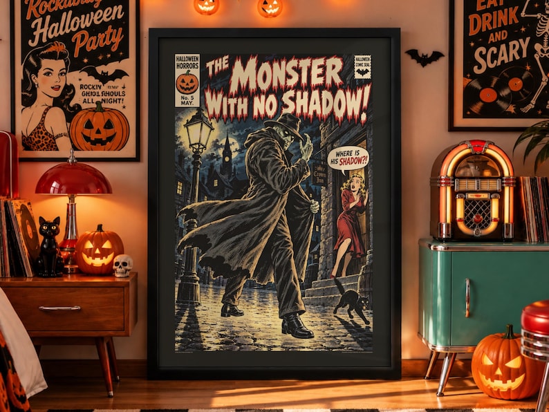 Retro Halloween horror comic cover showing a mysterious shadowless monster in a dark coat walking through a moonlit street as a frightened woman watches from a doorway.