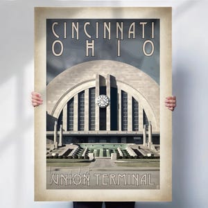 Cincinnati Ohio Union Terminal Travel Print - Art Deco Poster Retro aged Style- Travel Posters