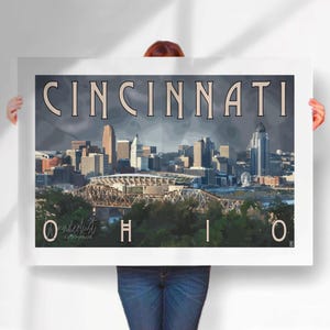 Cincinnati Ohio Travel Print - Waterfront skyline- Art Deco Poster retro Style- Travel Posters