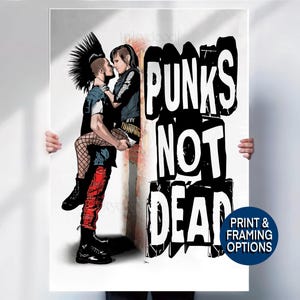 Punks Not Dead Poster Print or Canvas | Punk Couple Wall Art | Retro 70s Punk Rock Poster | Mohawk Illustration