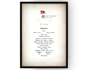 Titanic Second Class Breakfast Menu Print: 1912 Vintage Nautical Art