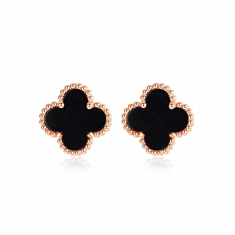 Fine Solid 14K Gold Natural Black Onyx Clover Stud Earrings Fine Solid 14K Gold Natural Black Onyx Clover Stud Earrings