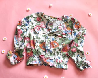 Vintage 80s Floral Crop White Denim Jacket/Made in U.S.A.