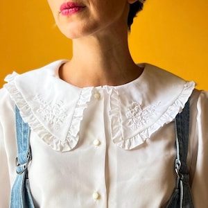 90s Vintage Frilly Floral Ruffle Collar Cropped Upcycled Button-down Top Blouse // Made in USA