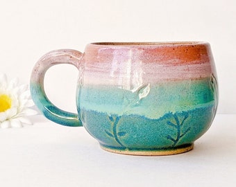 Handmade Sunset Wildflower Stoneware Mug, Carved Floral Espresso Cup