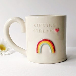 Rainbow Mug, made to order, custom text, message, cheerful, handmade, personalized gift, friendship mug, inclusive, company mug, colourful