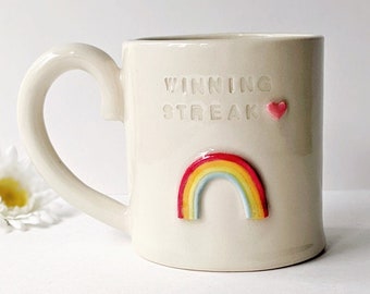 Rainbow Mug, made to order, custom text, message, cheerful, handmade, personalized gift, friendship mug, inclusive, company mug, colourful