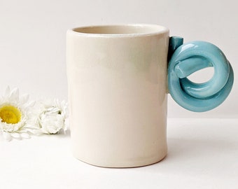 Blue Knotted Handle Mug, ready to ship, stoneware pottery, handmade modern cup, cheerful, coffee, tea, minimalist, scandinavian mug, nordic