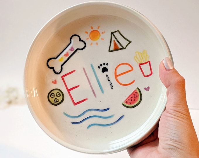 Custom Cute and Cheerful Pet Plate, 4 to 6 designs, handmade pottery for pets, dog, cat, pet owner gift, personalized gifts, pet feeder bowl