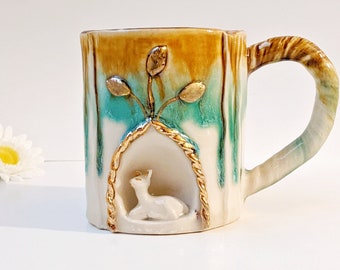 Golden Deer Mug, ready to ship, 18k gold, stoneware ceramics, handmade mug, unique gift, cute animal cup, tiny pottery, fawn, holiday gift
