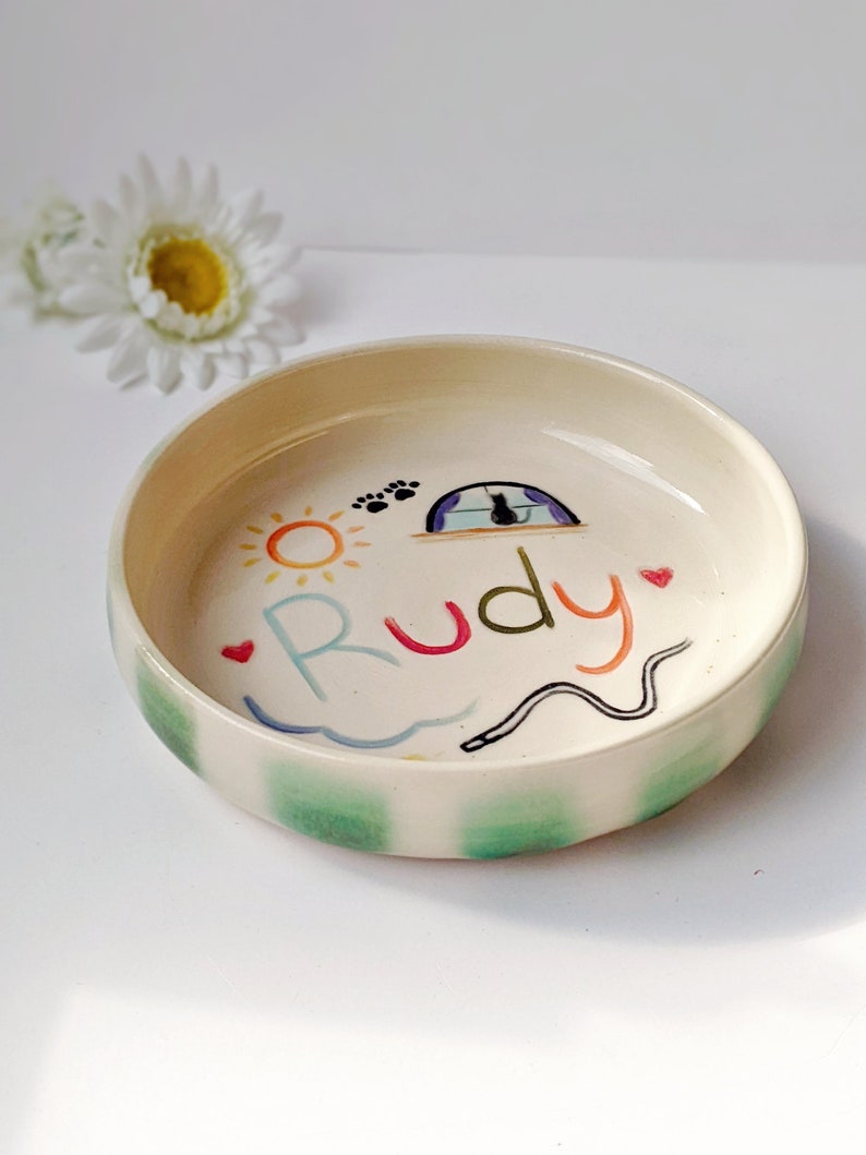 Custom Cute and Cheerful Pet Plate, 2 to 3 designs, handmade pottery for pets, dog, cat, bunny, pet owner gift, personalized gifts, pet bowl image 8