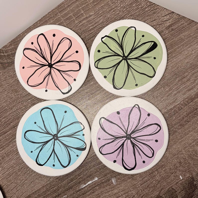 Hand-painted Floral Coaster Set – Modern Pastel Ceramic Drink Coasters ...