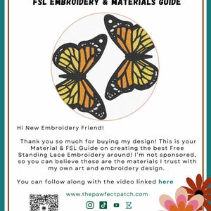May include: A guide for Monarch Butterfly Earrings. The image features two embroidered butterfly designs in yellow, orange, and black. Text includes "MONARCH BUTTERFLY EARRINGS" and "FSL EMBROIDERY & MATERIALS GUIDE". Additional text provides instructions and contact information.
