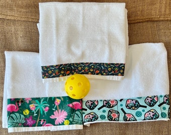 Pickle ball towels, choice of 100% Flour Sack cotton and/or terry cloth