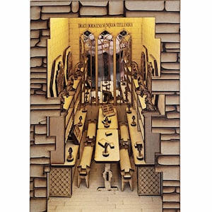 May include: A wooden model of a classroom with a large window and the text "Draco dormiens nunquam titillandus". The classroom is furnished with desks and chairs.