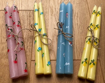 Hand painted candles - Lemons, cornflowers, cherries, swimming pool design