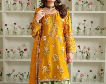 Embroidered 4 Piece Silk Suit Shirt,Farshi Shalwar, Chiffon Dupatta & Potli Bag Size XL
