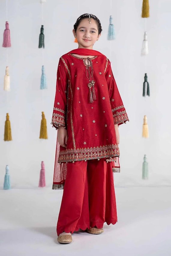 strapless open back dress Cherry Red Embroidered Maria B Luxury Pret Pakistani Salwar Suit Ready to Wear / XSmall main image 1