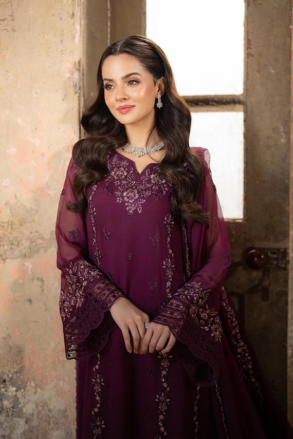 Embroidered Chiffon Pakistani Dress: Azure Ensemble, Stitched