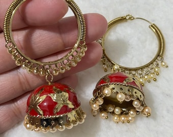 Meenakari Hand Painted Bali Earrings Jumka Chandanbali Indian Pakistani Jewelry