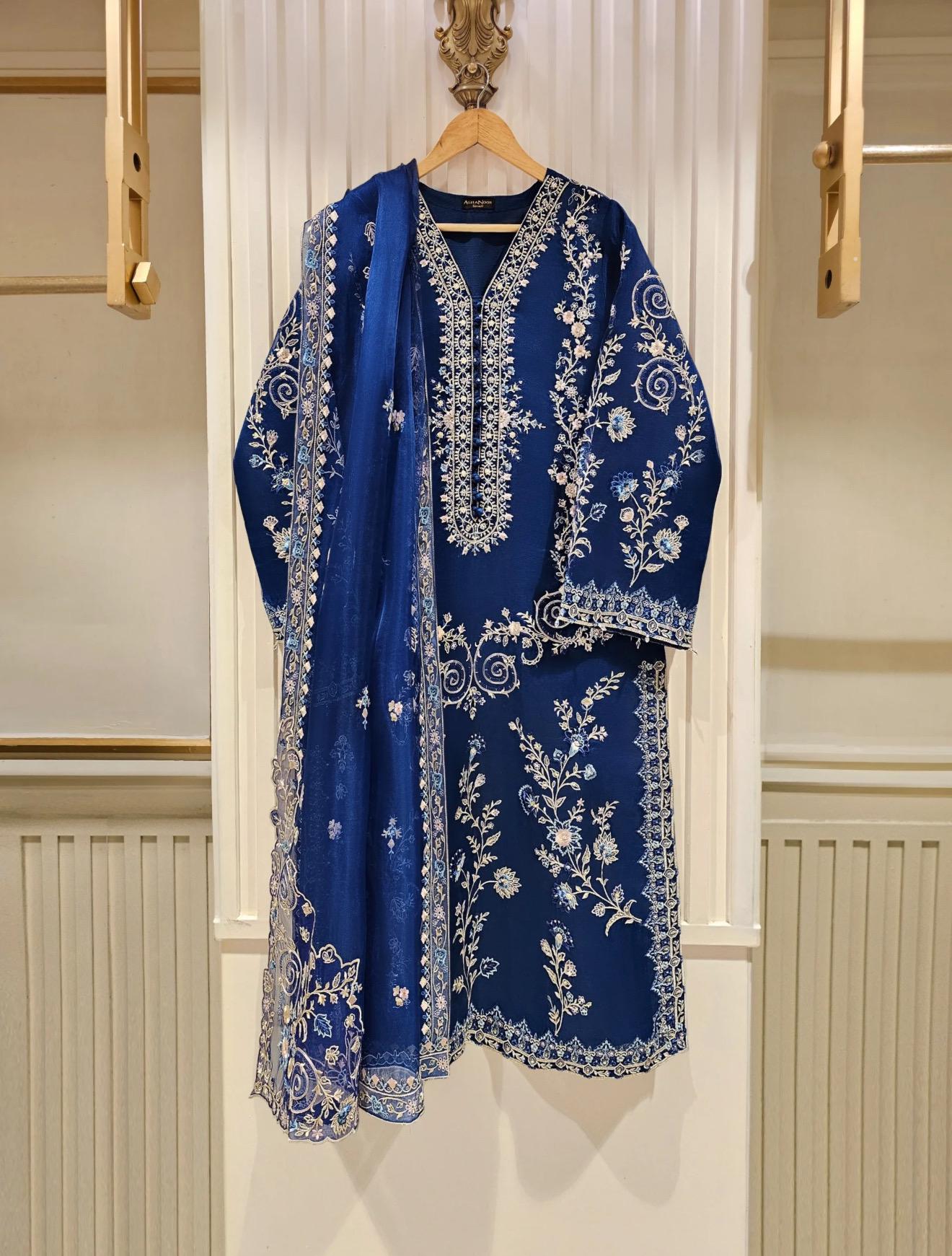 Embroidered Organza Pakistani Dress: 3-Piece Shirt, Pant & Dupatta