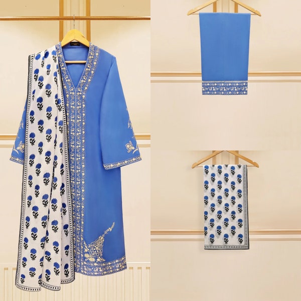 Agha Noor Original 3 Piece Lawn Embroidered Dress Shirt Pant & Dupatta Pakistani Indian Bangladeshi Designer Ready To Wear