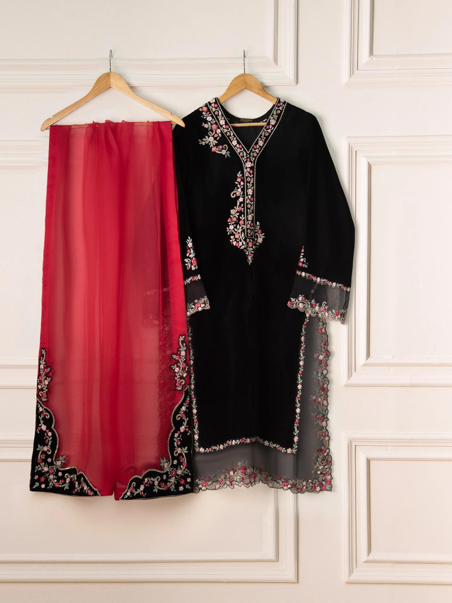 Agha Noor Original 3 Piece Velvet Embroidered Shirt Pant & Organza