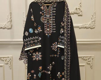 Embroidered Lawn Pakistani Dress, Raw Silk Pants & Kora Cotton Dupatta