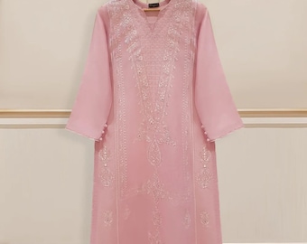 Embroidered Jacquard Lawn Kurti: Agha Noor Mirror Work Shirt