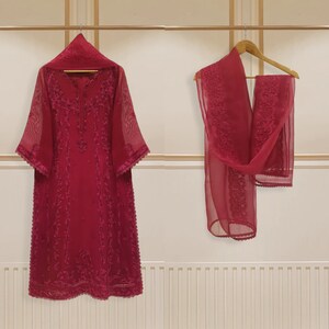 Agha Noor Original Cotton Net 3 Piece Embroidered Shirt Raw Silk Pant & Organza Dupatta Pakistani Indian Designer Ready To Wear Dress