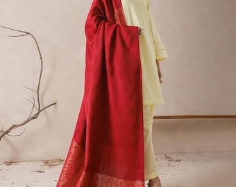 Jacquard Zari Border Shawl Pashmina Red Asim Jofa Brand Pakistani Indian Ready To Wear