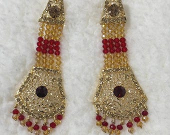 Red & Gold Crystal Beads Big Earrings Indian Pakistani Bangladeshi Jewelry