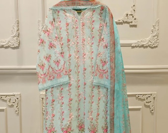 Embroidered Lawn Shirt & Chiffon Dupatta Set - Pakistani Designer