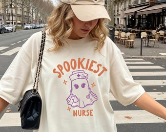 Koszulka dla pielęgniarki na Halloween, upiorna koszulka z duchem pielęgniarki, uroczy prezent dla pielęgniarki, koszulka na Halloween dla pielęgniarki