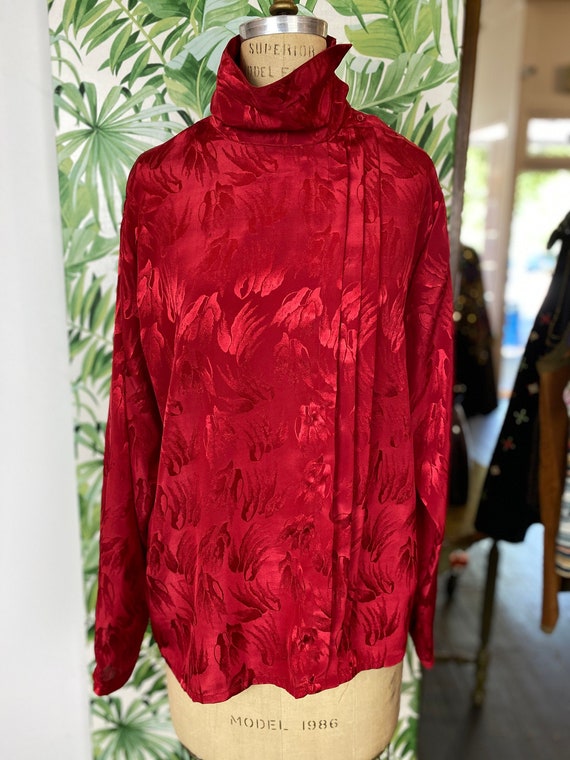 High Collar Red Secretary Floral Blouse