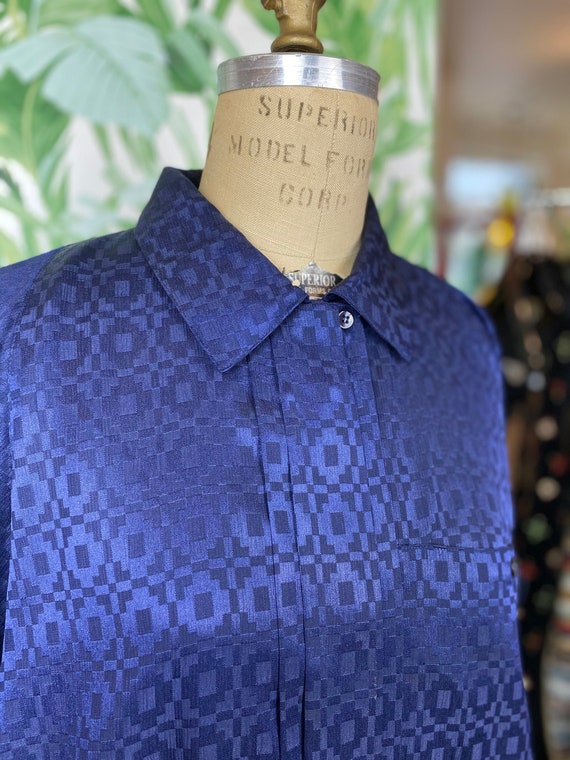 Navy Geometric Secretary Blouse