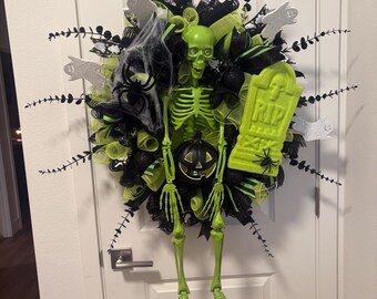 XL lime green and black skeleton wreath!!