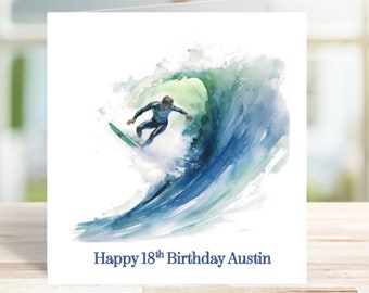 Personalised Surfer Birthday Card for Son, Grandson, Brother, Nephew, Godson, Surfing Card,