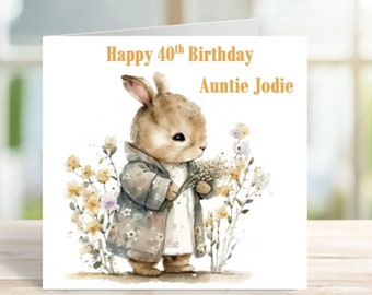 Personalised Bunny Card, Special Age Card, Bunny with flowers Card for daughter, mum, grandma, friend, sister, auntie