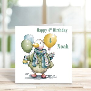 Personalised Duck with balloons Card, 1st 2nd 3rd 4th Birthday Card for Grandson, Nephew, Son, Boy