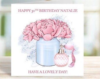 Personalised Birthday Card, Flowers and perfume card, Personalised card for mum, sister, daughter, friend, auntie