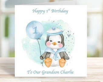 Personalised Penguin Birthday Card, Personalised Children's Birthday Card, Penguin Card, New Baby Card