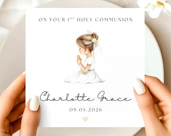 Personalised First Holy Communion Card - Custom Name & Date, Catholic Communion Card for Girl, Handmade Religious Keepsake Card