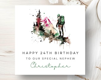 Hiking Birthday Card, Personalised Mountain Scene Walking