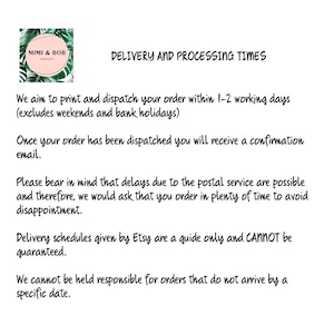 May include: White background with black text detailing delivery and processing times. The text includes information about order dispatch, confirmation emails, potential postal delays, and Etsy's delivery schedules. A logo with the text "MIMI & BOB" is in the upper left corner.