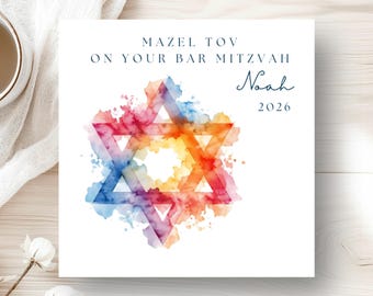 Personalised Mazel Tov Card, Handmade Watercolour Bar Mitzvah Card,  Star of David Jewish Celebration Card card for son, grandson, nephew