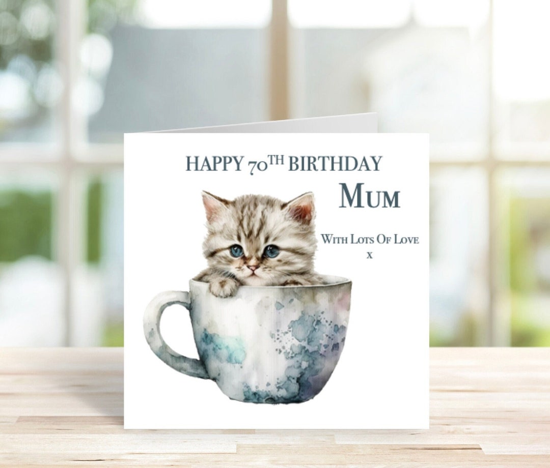 Personalised Kitten Birthday Card, Kitten in a Teacup Birthday Card